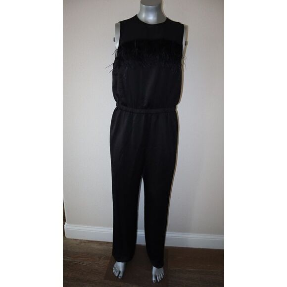Michael Michael Kors Women's Sz 10 Black Feather Trim Jumpsuit $195 - Picture 12 of 14